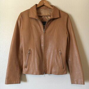 Vera Pelle Leather Jacket XS Tan Brown Collared Italy Biker Zip Pockets